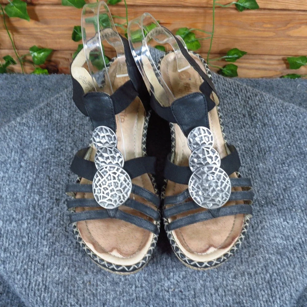 Remonte R600768 Womens Wedge Sandals Sz 41 Dressy Summer Black Leather Metallic